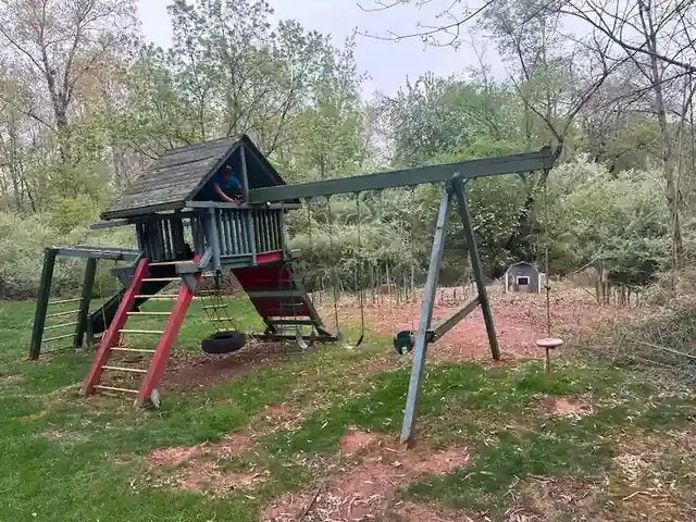 Weathered wooden playset and swing frame in an overgrown backyard