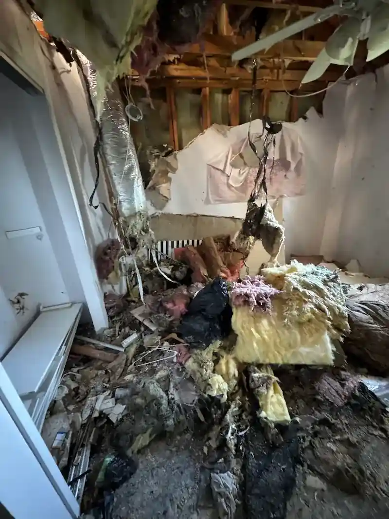 Room with a collapsed ceiling and water-damaged debris on the floor
